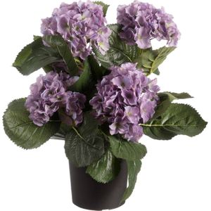 Paarse hortensia kunstplant in zwarte kunststof pot 44 cm - Hydrangea - Woondecoratie