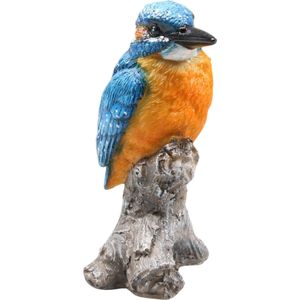 Farmwood Huis/tuin deco vogel beeldje - ijsvogel - op boomstronk - polystone - 7 x 11 cm