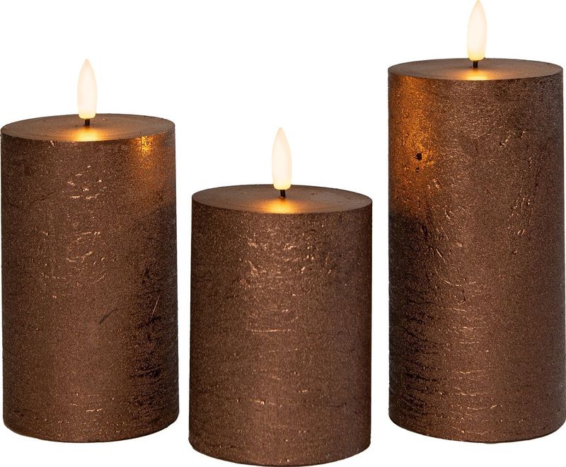 123led - Kaarsenset - Brons - 3D Vlam - 3 Stuks - Hoogtes 10, 12,5 en 15 cm