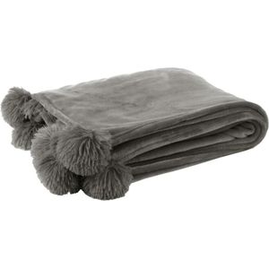 J-Line Plaid Pompom - fleece deken - polyester - grijs - 170 x 130 cm - woonaccessoires