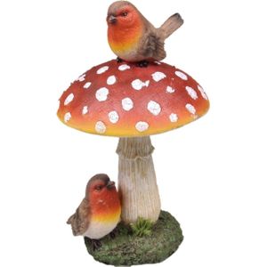 SID tuinbeeld paddenstoel met vogel Corey rood / wit / bruin 8 x 8 x 16 cm