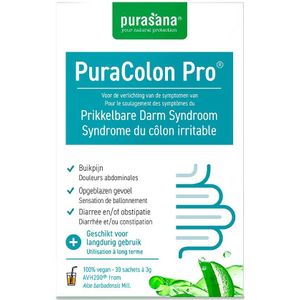 PURAGF10 - PuraColon Pro 90 g (Medisch hulpmiddel met aloë vera. 30 zakjes van 3 g. Kuur tegen het prikkelbare darmsyndroom. Helpt bij buikpijn, opgeblazen gevoel en diarree/obstipatie.) -  Purasana