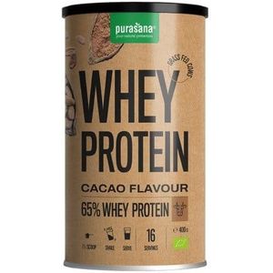 PROTPP18 - Whey protein choco 65% 400 g BIO (BIO. Whey Cacao. 400 g. Bevat 65% eiwitten uit whey eiwitconcentraat. Verhoog je dagelijkse eiwitinname met whey met heerlijke chocoladesmaak.) -  Purasana