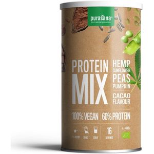PROTPM15 - Vegan protein mix 58%pea/sunfl/hemp/cacao 400g BIO (BIO. Mix van erwten-, zonnebloem-, hennep- en pompoeneiwit poeders. 400gr organic en vegan proteines. Op smaak gebracht met cacao.) -  Purasana