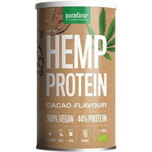 PROTPP04 - Vegan protein hemp 44% - Cacao 400 gram (BIO & VEGAN. Hemp Protein Powder Cacao. 400 g. Zonder THC. Met 44% eiwitten uit hennep voor een kwalitatieve dagelijkse eiwitboost.) -  Purasana