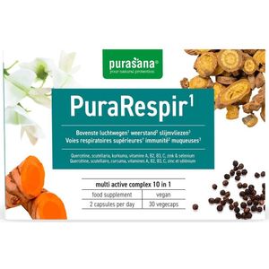 PURANU09 - PuraRespir 30 Vcaps (Nutraceutical supplement. 10-in-1 complex voor luchtwegen en weerstand. 30 vegecaps. Met quercetine, scutellaria en kurkuma.) -  Purasana
