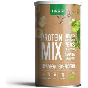 PROTPM16 - Vegan protein mix 55%pea/sunfl/hemp/banana 400gBIO (BIO. Mix van erwten-, zonnebloem-, hennep- en pompoeneiwit poeders. 400gr organic en vegan proteines. Op smaak gebracht met banaan.) -  Purasana