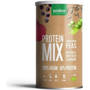 PROTPM12 - Vegan protein mix 58% pea/sunflower/acai 400g bio (BIO. Mix van erwten- en zonnebloemeiwit poeders. 400 g organic en vegan proteïnes. Op smaak gebracht met rode biet en açai.) -  Purasana