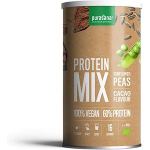 PROTPM11 - Vegan protein mix 60% pea/sunflower/cacao 400g BIO (BIO. Mix van erwten- en zonnebloemeiwit poeders. 400 g organic en vegan proteines. Op smaak gebracht met pure cacao. Vervaldatum 2024-06-30.) -  Purasana