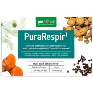 PURANU09 - PuraRespir 30 Vcaps (Nutraceutical supplement. 10-in-1 complex voor luchtwegen en weerstand. 30 vegecaps. Met quercetine, scutellaria en kurkuma.) -  Purasana