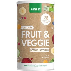 PURAFV02 - Fruit&Veggie protein 360 g BIO (PROTEÏNEPOEDER MIX op basis van 28 fruit- en groentenextracten. 360 g. Ondersteunt het energieleverend metabolisme en het immuunsysteem. Eiwitten houden de spieren gezond.) -  Purasana