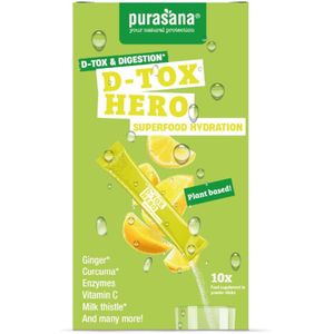 PURAHS06 - Hydration Superfoods - D-Tox Hero 10 x 4,5 g (D-Tox Hero instant superfood drink. 10 sticks. Ondersteunt de leverfunctie, spijsvertering en een normaal gewicht. Bevat mariadistel, groene thee en enzymen. Met fris citroenaroma!) -  Purasana