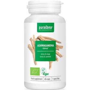PURAPE58 - Ashwagandha 400 mg 60Vcaps BIO (BIO & VEGAN. Ashwagandha KSM-66 wortelextract. 60 capsules. Ondersteunt tijdens periodes van stress en draagt bij tot een gezonde slaap.) - Purasana