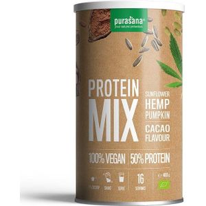 PROTPM04 - Vegan protein mix: pumpk/sunfl/hemp - Chocolade (BIO. Mix van zonnebloem, hennep en pompoen poeders. 400 g organic en vegan proteines. Op smaak gebracht met cacao.) -  Purasana