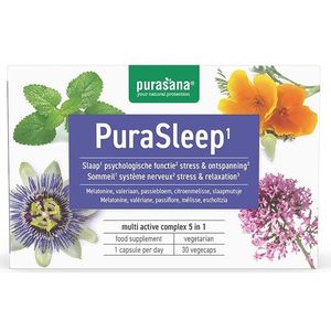PURANU03 - PuraSleep 30 Vcaps (Nutraceutical supplement. 5-in-1 natuurlijk slaapmiddel. 30 vegecaps. Met melatonine, valeriaan en citroenmelisse.) - Purasana