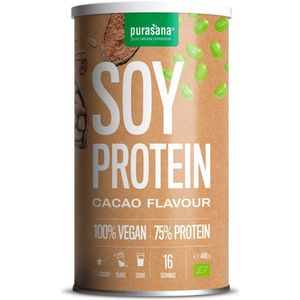 PROTPP22 - Vegan protein soy 73% choco 400g BIO (BIO & VEGAN. Soja eiwitpoeder met cacaosmaak. Bevat 75% eiwitten uit soja eiwit isolaat. Verhoogt de dagelijkse eiwitinname en draagt bij tot spierherstel.) -  Purasana