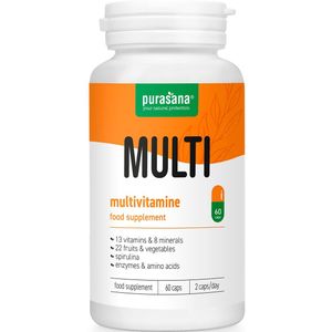 PURANC01 - Multivitamine 60 Vcaps (MULTIVITAMINE CAPSULES. 60 vegan capsules. 13 vitamines en 8 mineralen in optimale dagdosis. Antioxidanten uit 22 fruit- en groentepoeders. Verrijkt met spirulina, enzymen en aminozuren.) -  Purasana