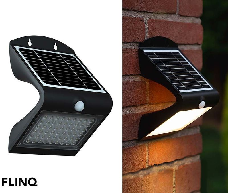 FlinQ Atalanta - Solar Wandlamp - Solar Tuinverlichting - Zonne-energie - Bewegingssensor - 4W - Zwart