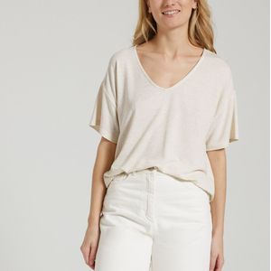 Oversized T-shirt met glanzende smalle strepen PIECES. Viscose materiaal. Maten XS. Beige kleur