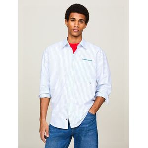 TOMMY JEANS - Recht Overhemd - Blauw/Wit - Katoen - Lange Mouwen - Gestreept