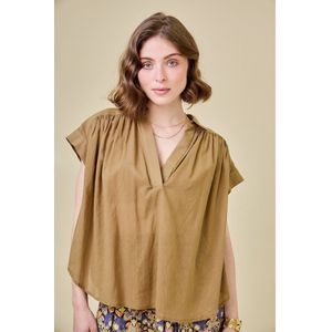 SEE U SOON - Blouse - Kaki - Korte Mouwen - V-hals - 100% Katoen