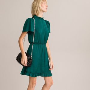 Korte jurk, opstaande kraag met volant, korte mouwen LA REDOUTE COLLECTIONS. Polyester materiaal. Maten 38 FR - 36 EU. Groen kleur