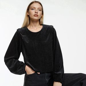 Shirt met studs, lange mouwen LA REDOUTE COLLECTIONS. Fluweel materiaal. Maten XS. Zwart kleur