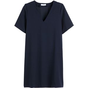 Korte jurk, V-hals, korte mouwen LA REDOUTE COLLECTIONS. Polyester materiaal. Maten 46 FR - 44 EU. Blauw kleur