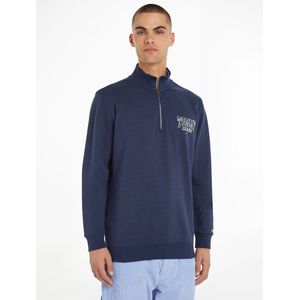 TOMMY JEANS - Sweater - Blauw - Katoen - Opstaande Kraag, Halve Rits