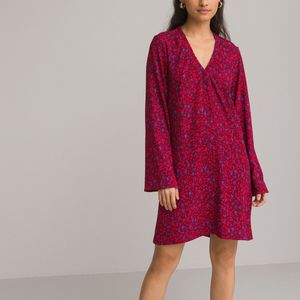 Korte jurk, wijd uitlopend, V-hals, lange mouwen LA REDOUTE COLLECTIONS. Viscose materiaal. Maten 36 FR - 34 EU. Rood kleur