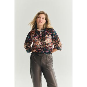 Amanda ALMÉ - Blouse - Zwart/Rood - Viscose - Lange Mouwen - V-hals