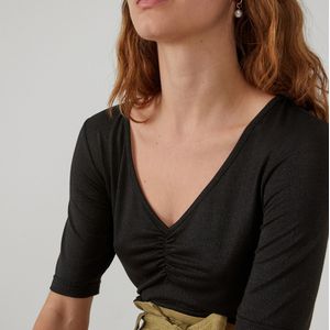 T-shirt met V-hals, in glanzend tricot LA REDOUTE COLLECTIONS. Viscose materiaal. Maten XS. Zwart kleur