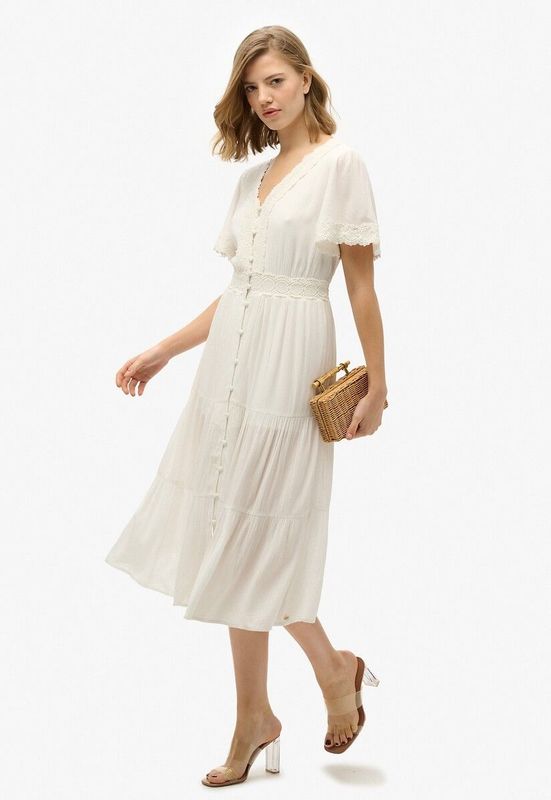 SUPERDRY - Ibiza - Halflange Jurk - Ecru - Korte Mouwen - Viscose