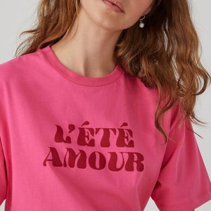 T-shirt met ronde hals en tekst LA REDOUTE COLLECTIONS. Katoen materiaal. Maten XL. Roze kleur