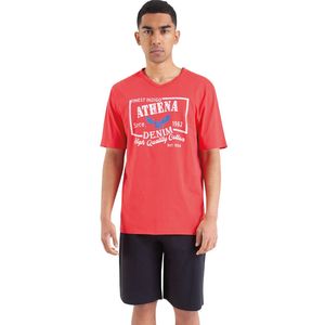 Pyjashort T-shirt met V-hals ATHENA. Katoen materiaal. Maten XL. Rood kleur