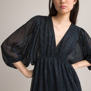 Korte jurk met V-hals en lange mouwen in glanzend tricot LA REDOUTE COLLECTIONS. Polyester materiaal. Maten 44 FR - 42 EU. Blauw kleur