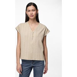 PIECES - T-shirt - Beige - V-hals - Korte Mouwen - Glanzende Strepen