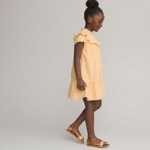 Geborduurde jurk in tetra LA REDOUTE COLLECTIONS. Katoen materiaal. Maten 7 jaar - 120 cm. Geel kleur