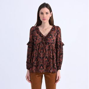Bedrukte blouse met volants MOLLY BRACKEN. Polyester materiaal. Maten L. Zwart kleur