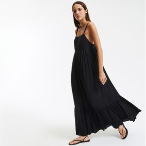 LA REDOUTE COLLECTIONS - Lange Vloeiende Jurk - Zwart - Viscose - Ruches en Dunne Bandjes