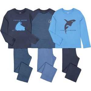 Set van 3 pyjama's met orka-, walrus- en strepenprint LA REDOUTE COLLECTIONS. Katoen materiaal. Maten 10 jaar - 138 cm. Blauw kleur