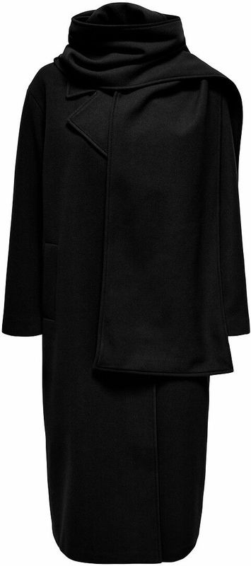 ONLY - Lange Jas - Zwart - Polyester - Maxi Lang - Met Reverskraag en Sjaal