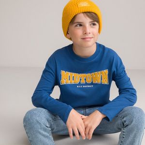 T-shirt met lange mouwen en geborduurde tekst LA REDOUTE COLLECTIONS. Katoen materiaal. Maten 8 jaar - 126 cm. Blauw kleur