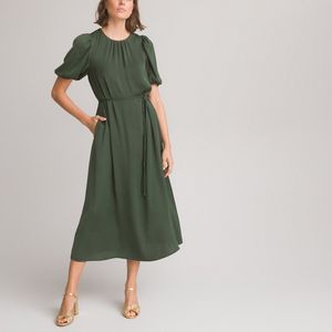 Lange wijd uitlopende jurk, ronde hals en korte mouwen LA REDOUTE COLLECTIONS. Polyester materiaal. Maten 42 FR - 40 EU. Groen kleur