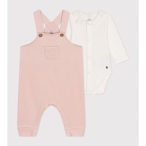 Ensemble salopette in fluweel en rompertje PETIT BATEAU. Katoen materiaal. Maten 6 mnd - 67 cm. Roze kleur