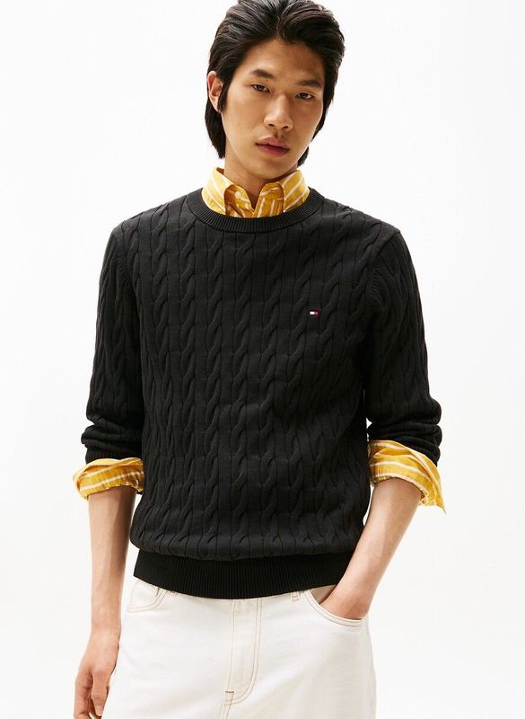 TOMMY HILFIGER - Trui - Zwart - Ronde Hals - Gestructureerd Tricot