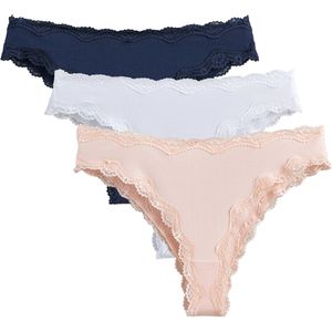 LA REDOUTE COLLECTIONS - Tanga - Wit/Blauw/Roze - Katoen/Kant - Set van 3