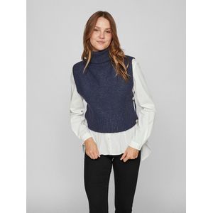 VILA - Poncho - Marineblauw - Polyester - Met Rolkraag en Juweeldetails