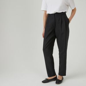 Strakke broek met plooien, in linnen en katoen LA REDOUTE COLLECTIONS. Katoenlinnen materiaal. Maten 50 FR - 48 EU. Zwart kleur