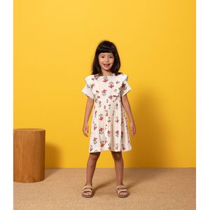 Jurk met korte mouwen en volants, bloemenprint PETIT BATEAU. Katoen materiaal. Maten 10 jaar - 138 cm. Beige kleur